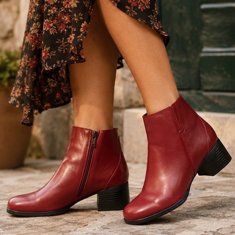 AJ Valenci Red Leather Ankle Boots Square Toe Block Heel Side Zip Womens 8M